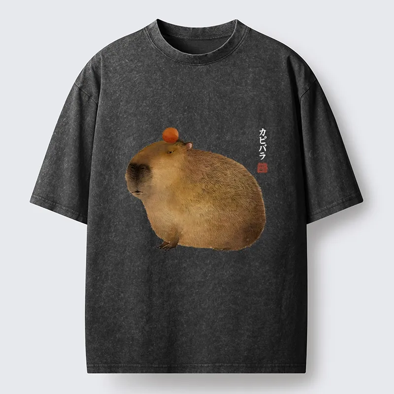 Tokyo-Tiger Calm Capybara Illustration Washed T-Shirt