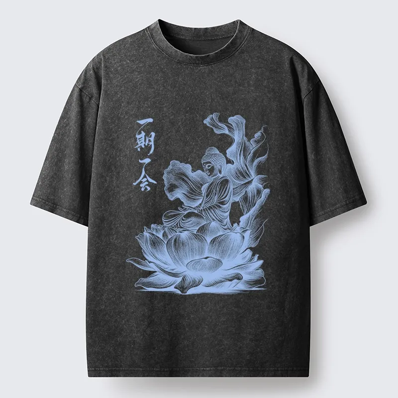 Tokyo-Tiger Calm Buddha On Big Lotus Zen Graphic Washed T-Shirt