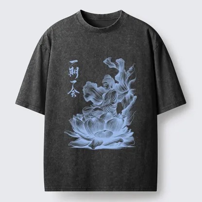 Tokyo-Tiger Calm Buddha On Big Lotus Zen Graphic Washed T-Shirt