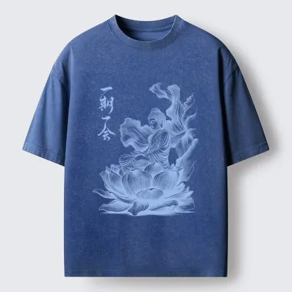 Tokyo-Tiger Calm Buddha On Big Lotus Zen Graphic Washed T-Shirt