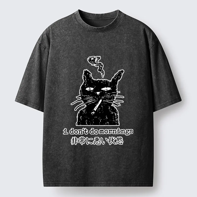 Tokyo-Tiger Sassy Smoke Cat Morning Hater Meme Art Washed T-Shirt