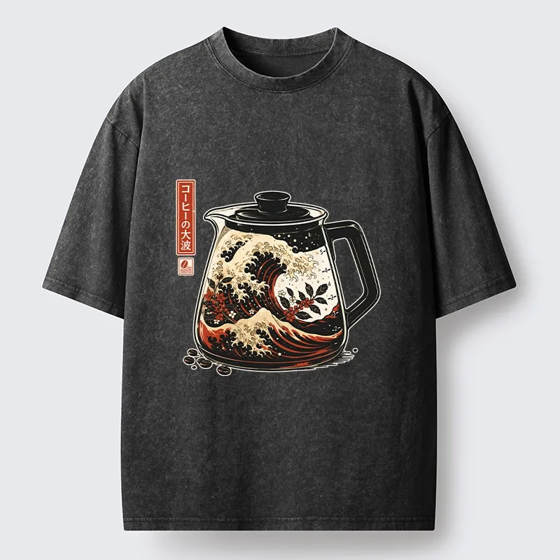 Tokyo-Tiger Coffee Pot Great Wave Coffee Beans Art Washed T-Shirt
