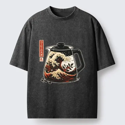 Tokyo-Tiger Coffee Pot Great Wave Coffee Beans Art Washed T-Shirt