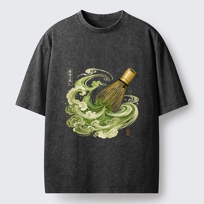 Tokyo-Tiger Zen Matcha Wave Bamboo Whisk Vintage Print Washed T-Shirt