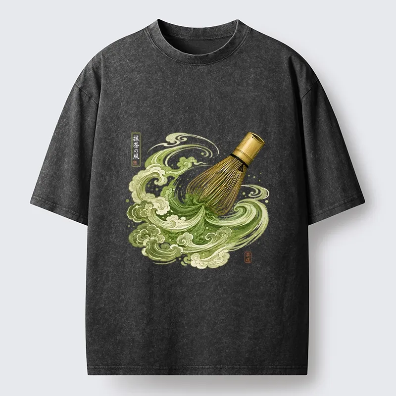 Tokyo-Tiger Zen Matcha Wave Bamboo Whisk Vintage Print Washed T-Shirt