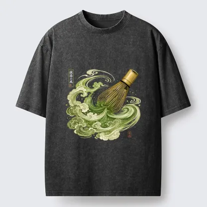 Tokyo-Tiger Zen Matcha Wave Bamboo Whisk Vintage Print Washed T-Shirt