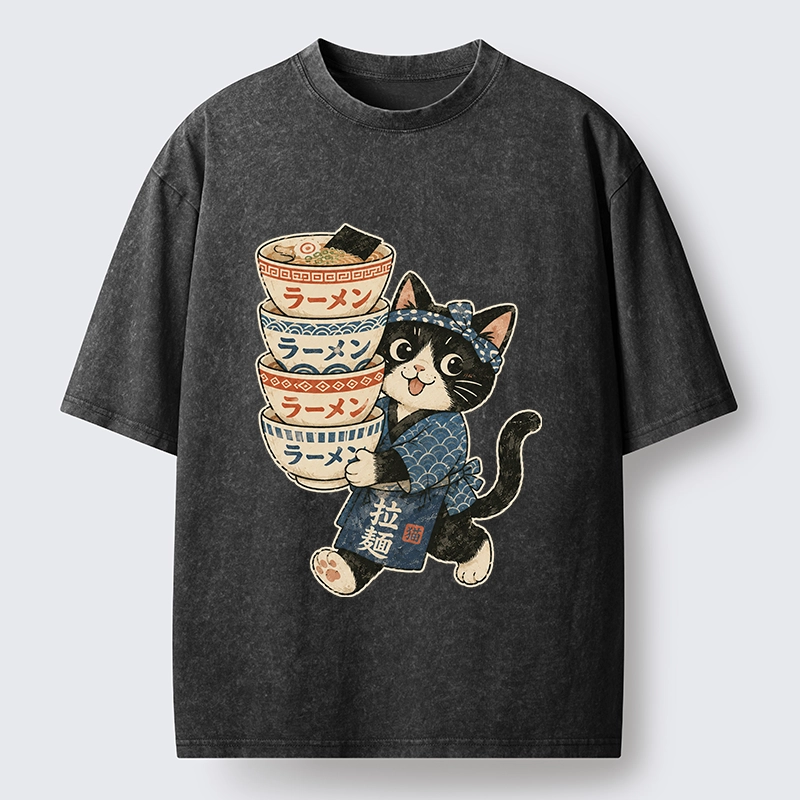 Tokyo-Tiger Funny Meme Cat Carries Stacked Ramen Bowls Washed T-Shirt