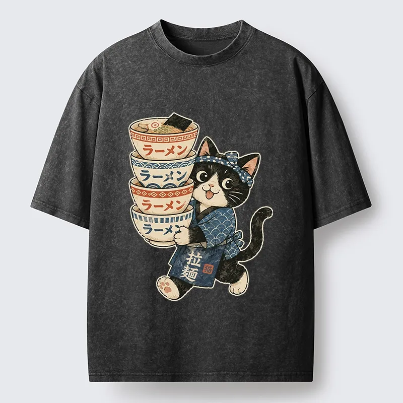 Tokyo-Tiger Funny Meme Cat Carries Stacked Ramen Bowls Washed T-Shirt