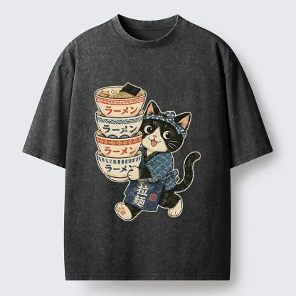 Tokyo-Tiger Funny Meme Cat Carries Stacked Ramen Bowls Washed T-Shirt
