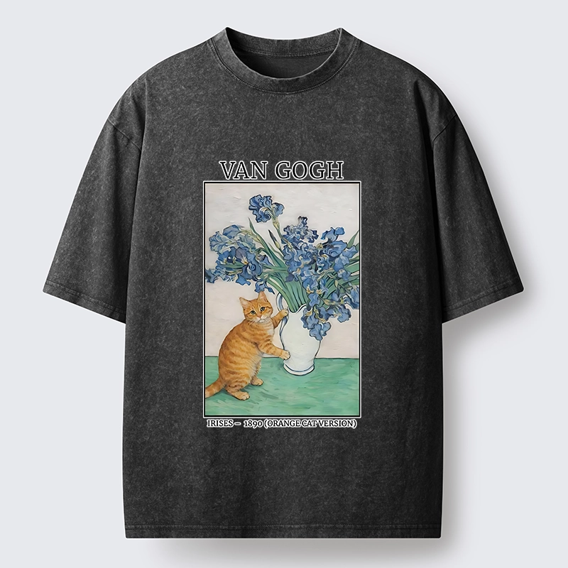Tokyo-Tiger Orange Cat Touches Van Gogh Irises Washed T-Shirt