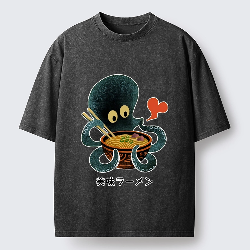 Tokyo-Tiger Octopus Uses Chopsticks For Ramen Washed T-Shirt 