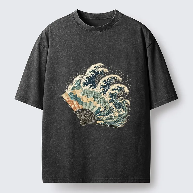 Tokyo-Tiger Wave Fan Classic Japanese Ukiyo E Art Washed T-Shirt