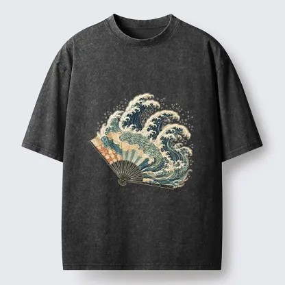 Tokyo-Tiger Wave Fan Classic Japanese Ukiyo E Art Washed T-Shirt