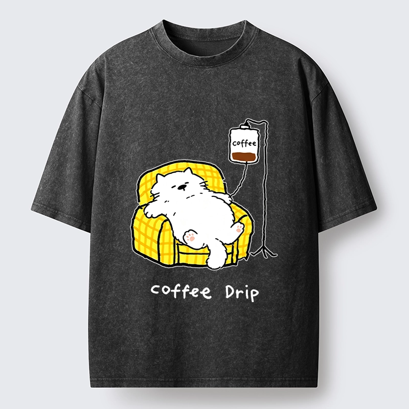 Tokyo-Tiger Fluffy Cat Needs Coffee Drip Art Washed T-Shirt