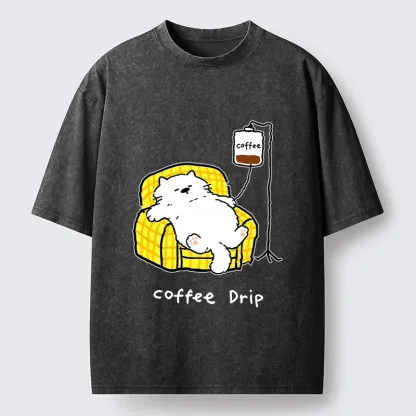 Tokyo-Tiger Fluffy Cat Needs Coffee Drip Art Washed T-Shirt