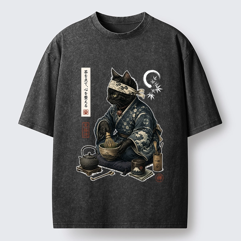 Tokyo-Tiger Samurai Cat Makes Matcha Tea Art Washed T-Shirt