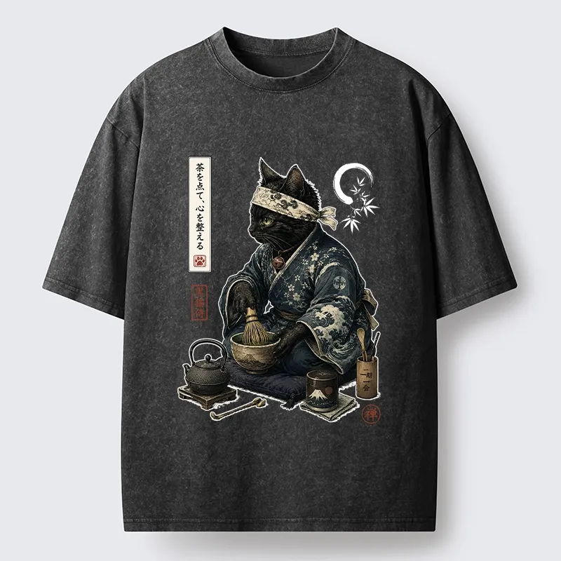 Tokyo-Tiger Samurai Cat Makes Matcha Tea Art Washed T-Shirt Sale