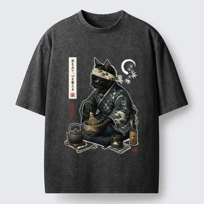 Tokyo-Tiger Samurai Cat Makes Matcha Tea Art Washed T-Shirt