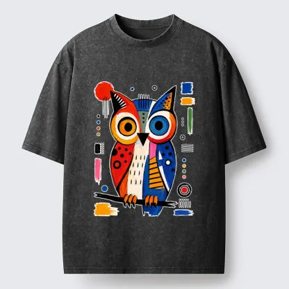 Tokyo‑Tiger Abstract Owl Art Washed T‑Shirt