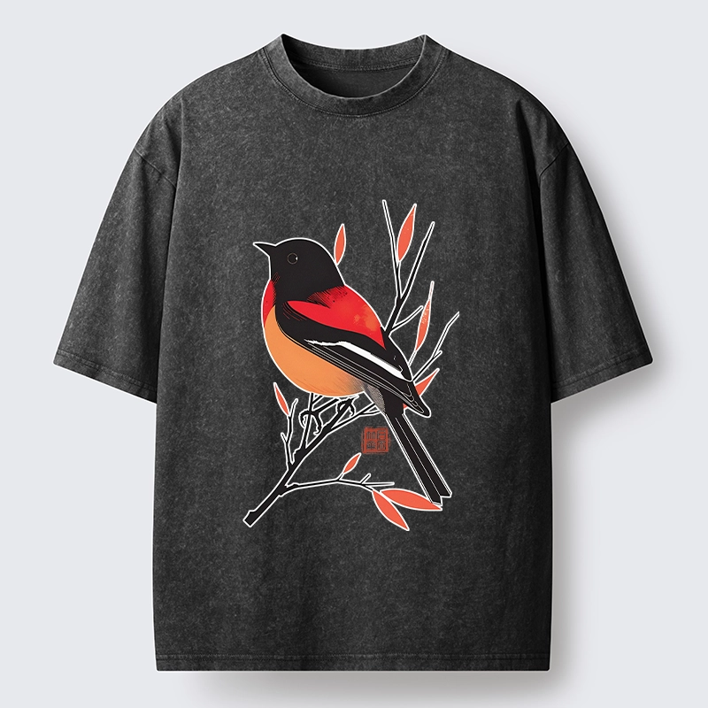 Tokyo‑Tiger Oriental Bird Graphic Washed T‑Shirt
