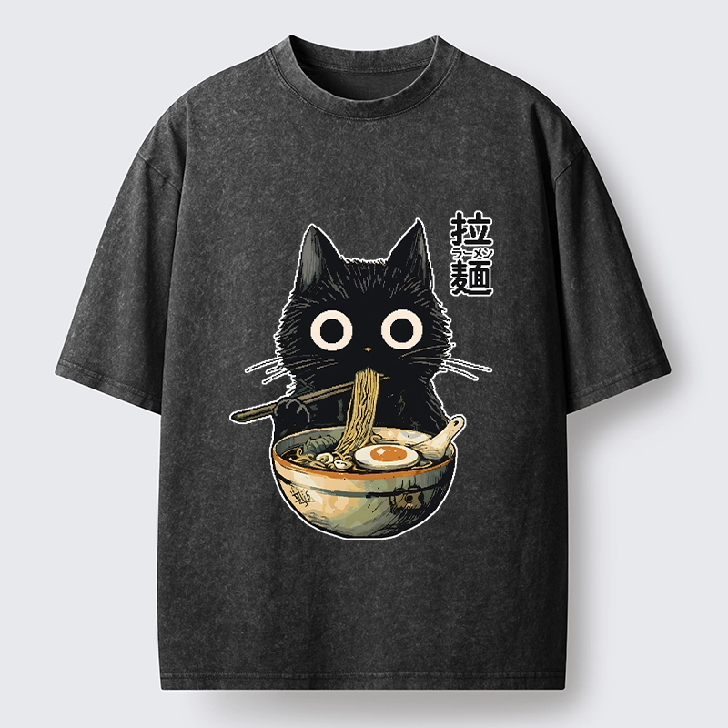 Tokyo-Tiger Funny Cat Ramen Feast Washed T-Shirt