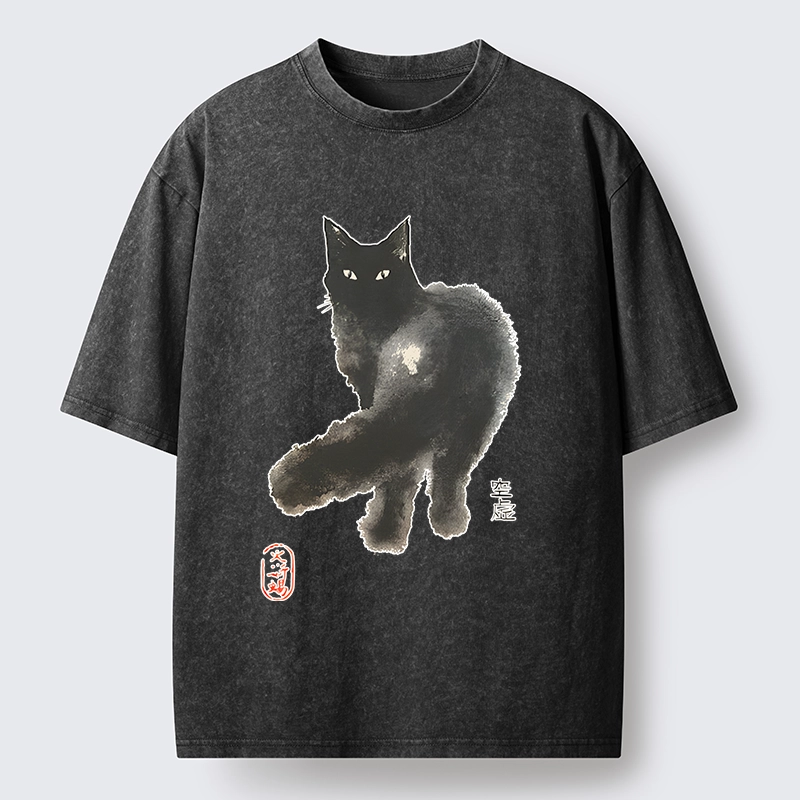 Tokyo-Tiger Black Cat Emptiness Ink Wash Washed T-Shirt