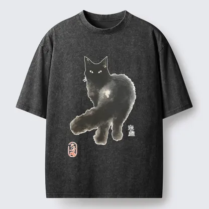 Tokyo-Tiger Black Cat Emptiness Ink Wash Washed T-Shirt