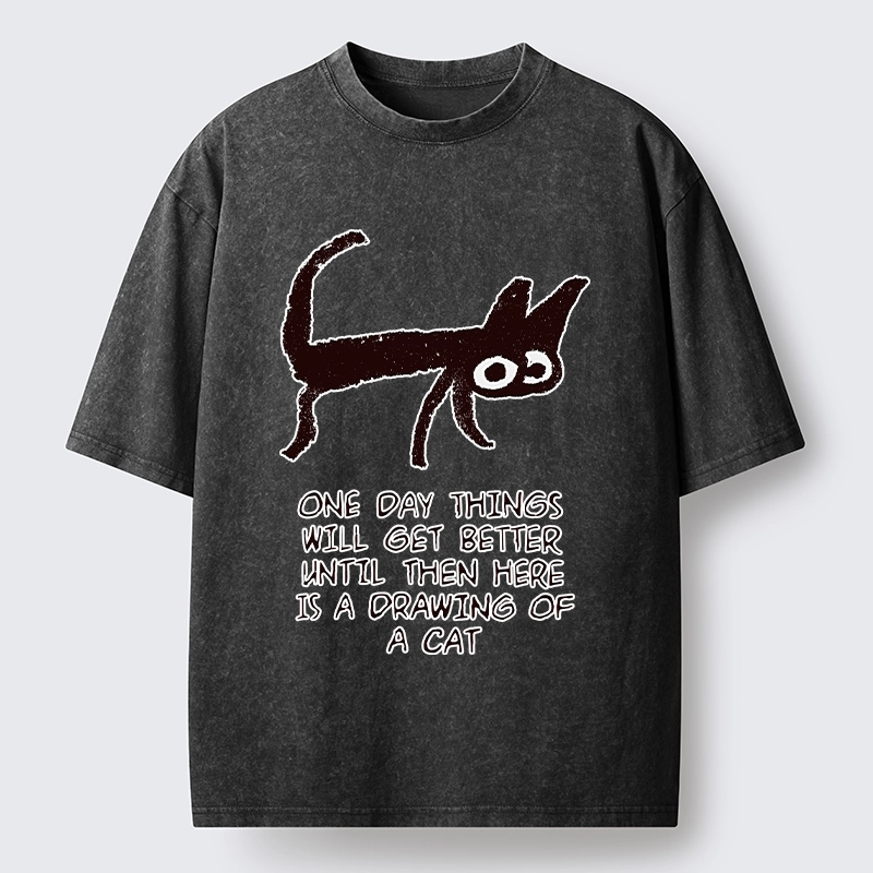 Tokyo-Tiger Cat Cheer Up Drawing Washed T-Shirt
