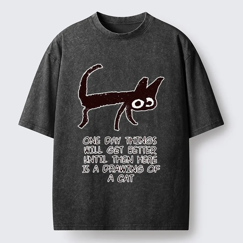 Tokyo-Tiger Cat Cheer Up Drawing Washed T-Shirt