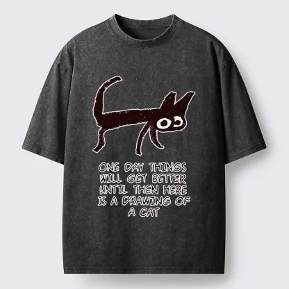 Tokyo-Tiger Cat Cheer Up Drawing Washed T-Shirt