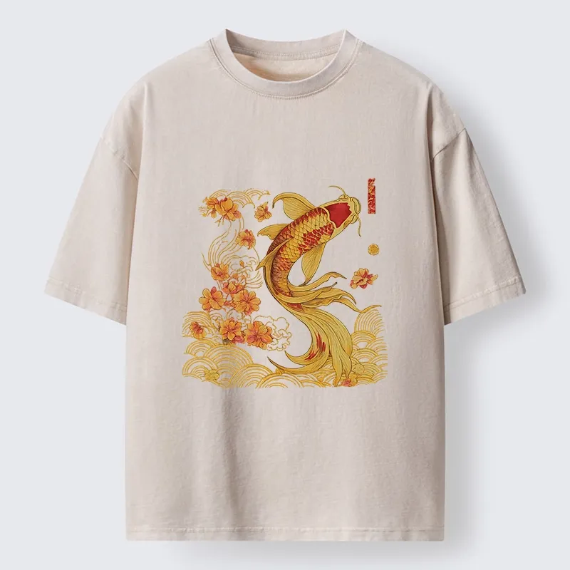 Tokyo-Tiger Golden Koi and Blossoms Washed T-Shirt Sale