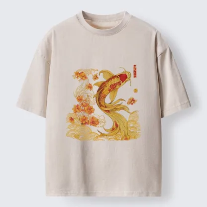 Tokyo-Tiger Golden Koi and Blossoms Washed T-Shirt