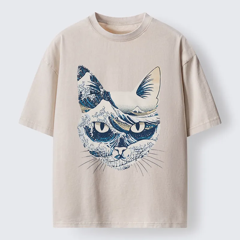 Tokyo-Tiger Ukiyo-e Waves And Cats Washed T-Shirt