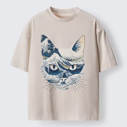 Tokyo-Tiger Ukiyo-e Waves And Cats Washed T-Shirt