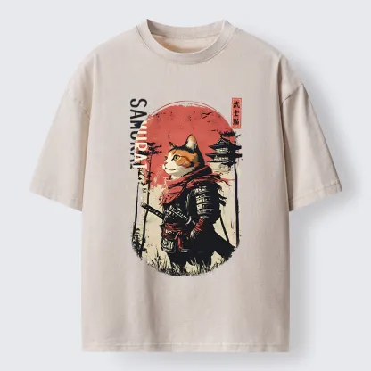 Tokyo-Tiger Lonely Cat Japanese Samurai Washed T-Shirt