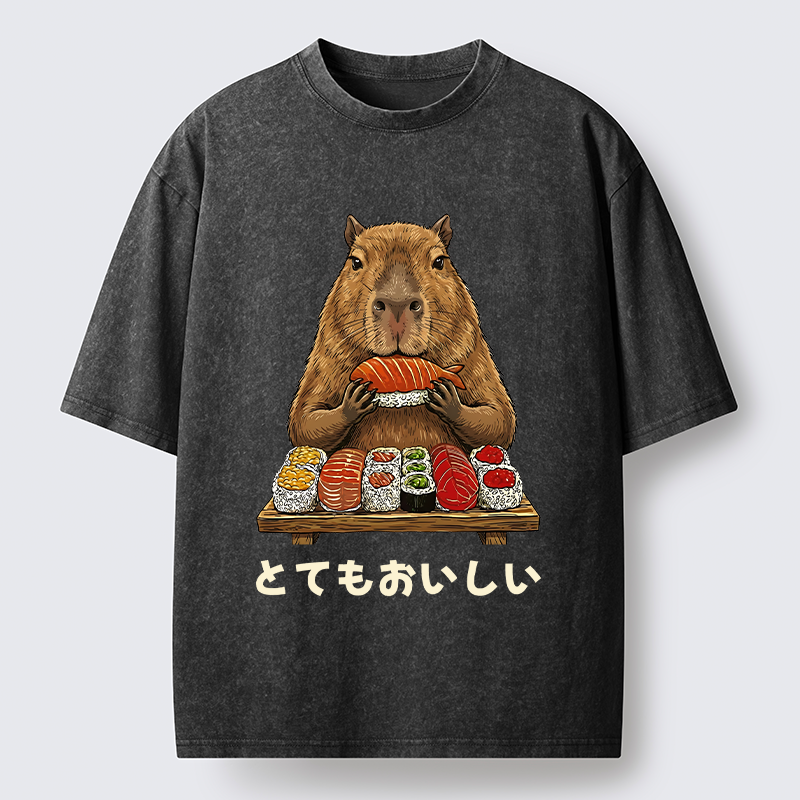 Tokyo-Tiger Capybaras Eat Sushi Washed T-Shirt
