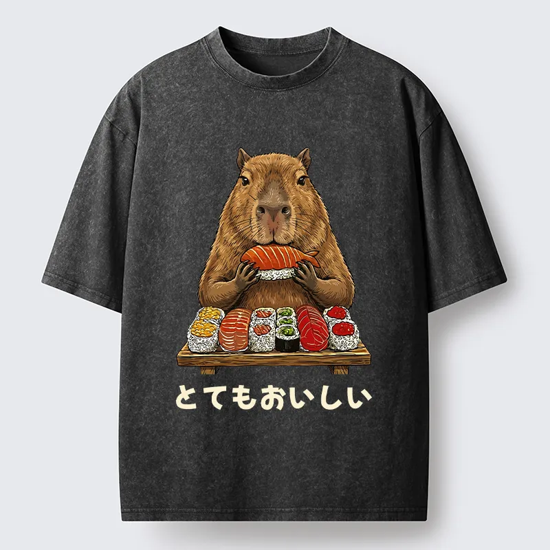 Tokyo-Tiger Capybaras Eat Sushi Washed T-Shirt