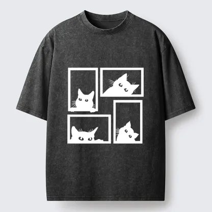 Tokyo-Tiger Cats In The Grid Washed T-Shirt