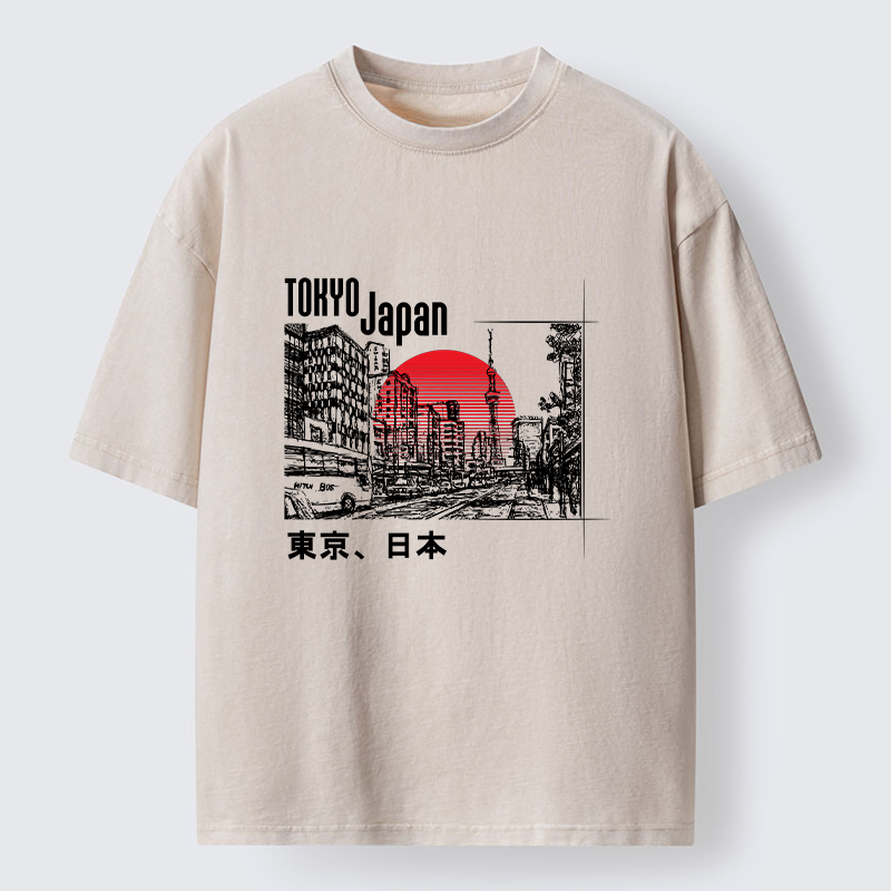Tokyo-Tiger Bustling Street Scene In Japan Washed T-Shirt