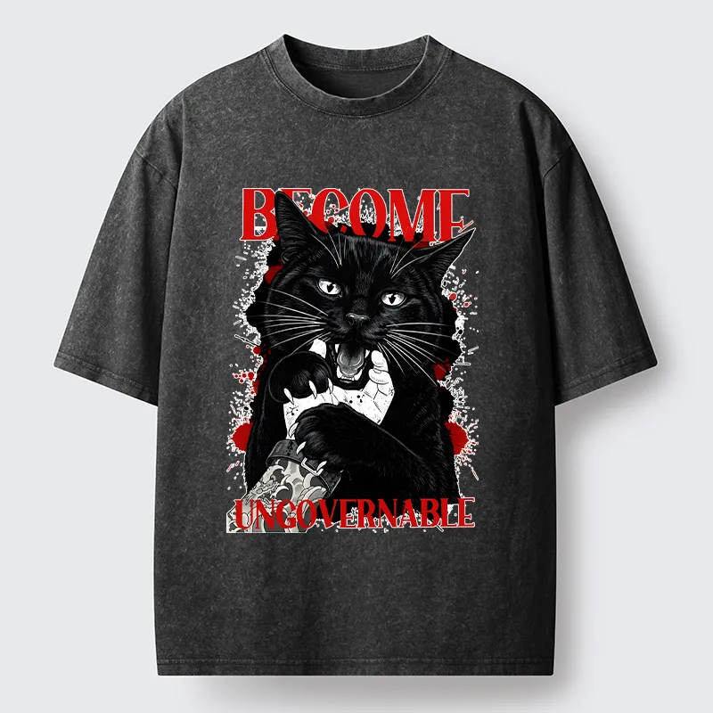 Tokyo-Tiger Biting Black Cat Washed T-Shirt