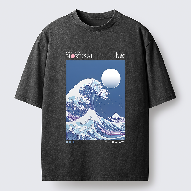 Tokyo-Tiger Blue Ukiyo-e Waves Washed T-Shirt