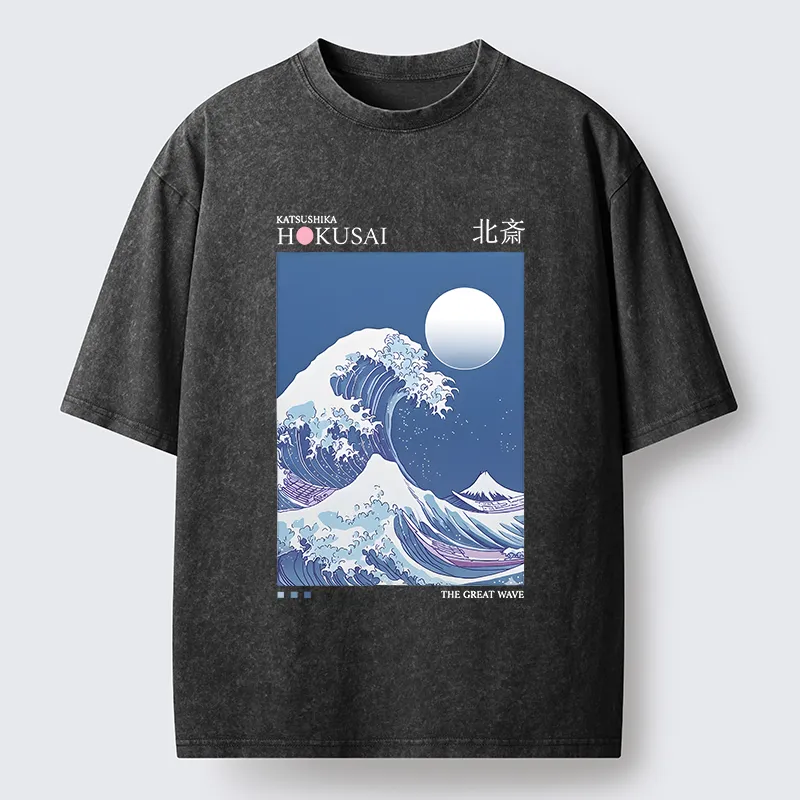 Tokyo-Tiger Blue Ukiyo-e Waves Washed T-Shirt
