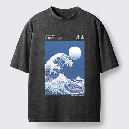 Tokyo-Tiger Blue Ukiyo-e Waves Washed T-Shirt
