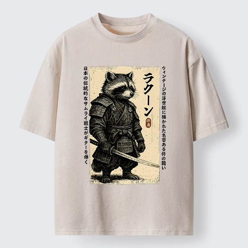 Tokyo-Tiger Raccoon Japanese Samurai Washed T-Shirt