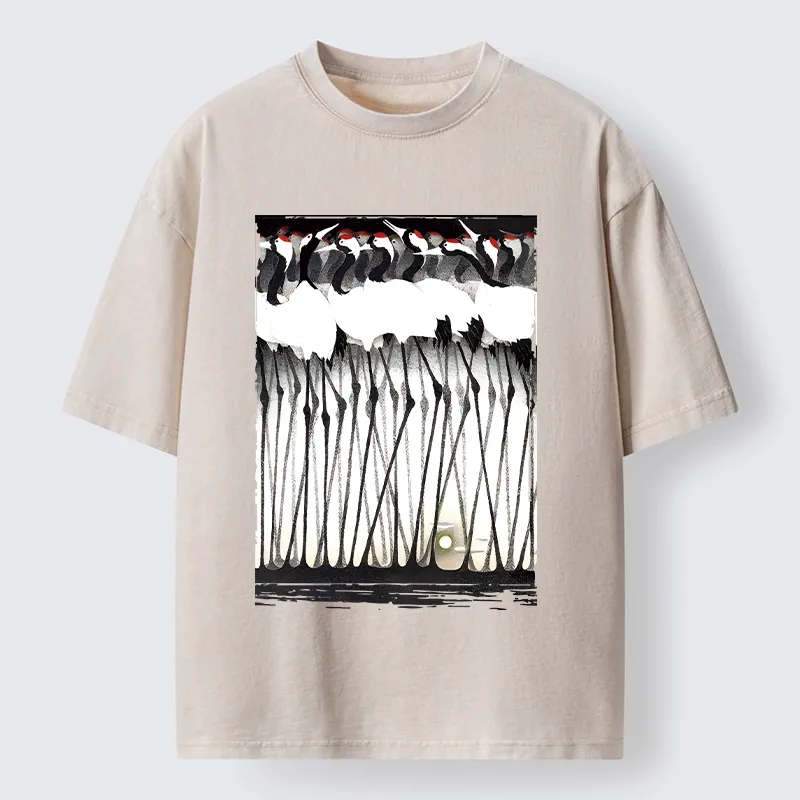 Tokyo-Tiger Crane Flock Ancient Painting Washed T-Shirt
