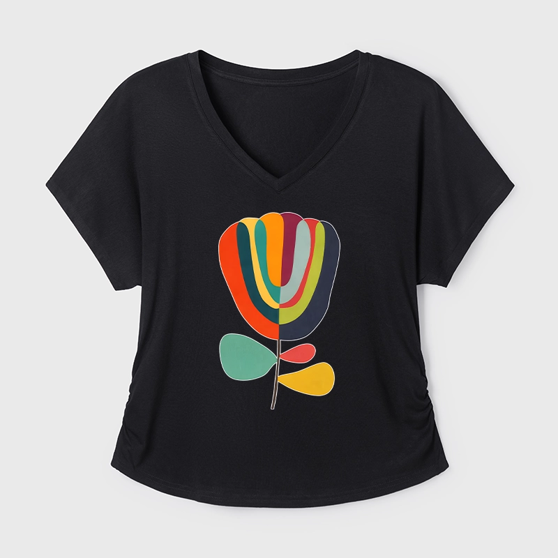 Tokyo-Tiger Colorful Flower Minimalist Print Modal Dolman Sleeve T-Shirt