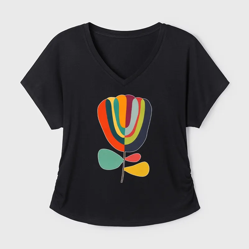 Tokyo-Tiger Colorful Flower Minimalist Print Modal Dolman Sleeve T-Shirt