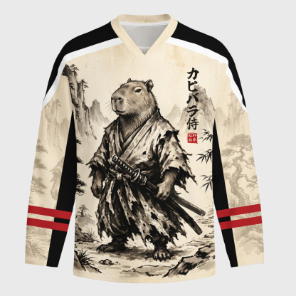Tokyo-Tiger Japanese Ink Art Capybara Samurai Long-Sleeve Hockey Jersey