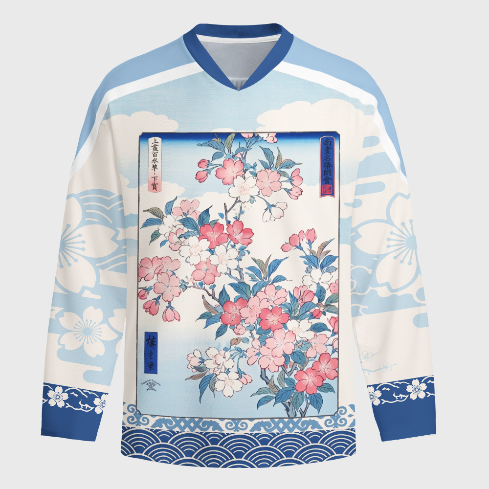 Tokyo-Tiger Japanese Sakura Floral Long-Sleeve Hockey Jersey