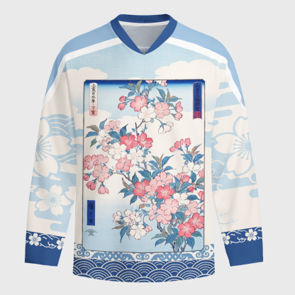 Tokyo-Tiger Japanese Sakura Floral Long-Sleeve Hockey Jersey